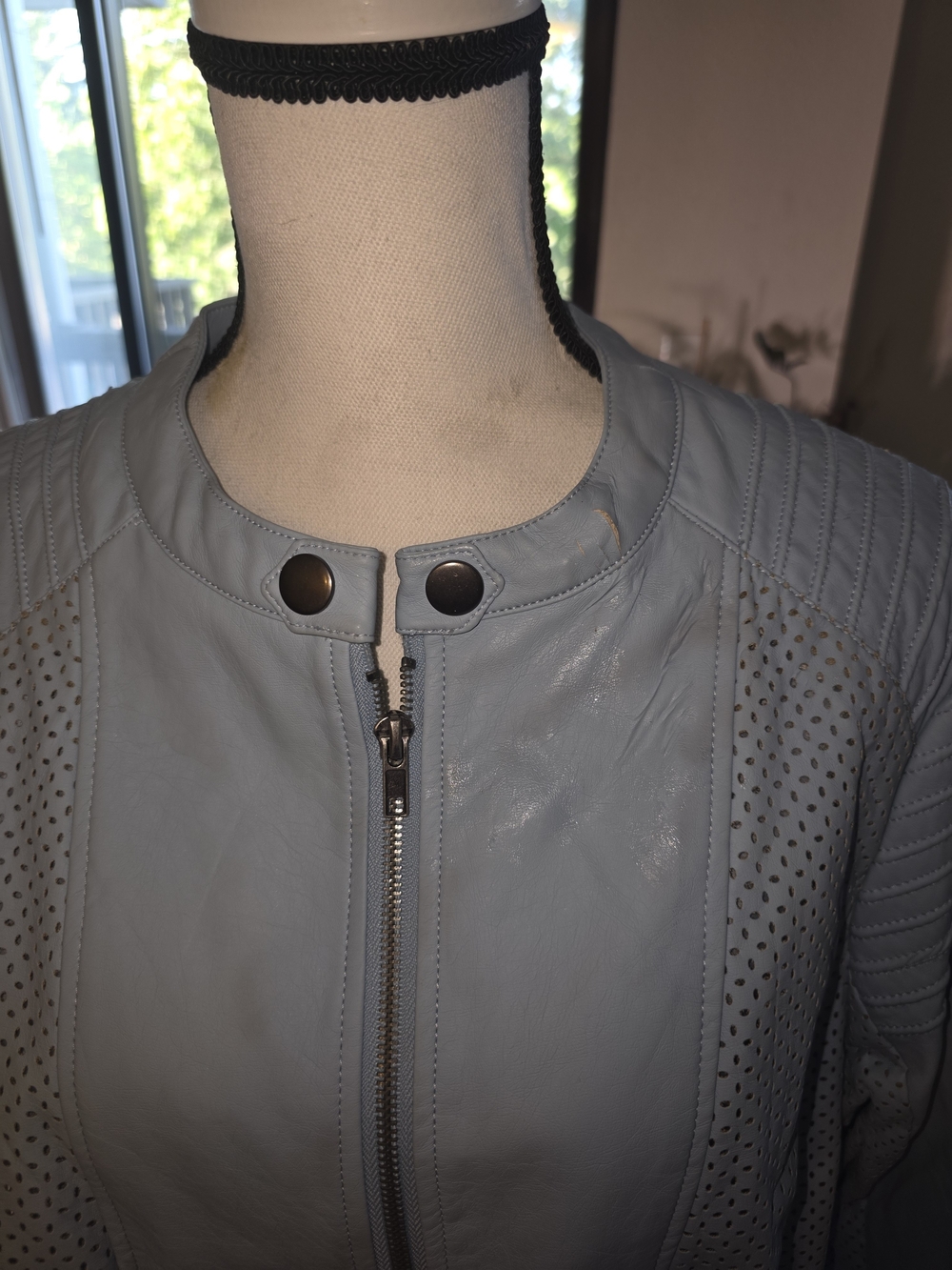 Women's Light Blue Perforated Leather Jacket - Classic Zip Front